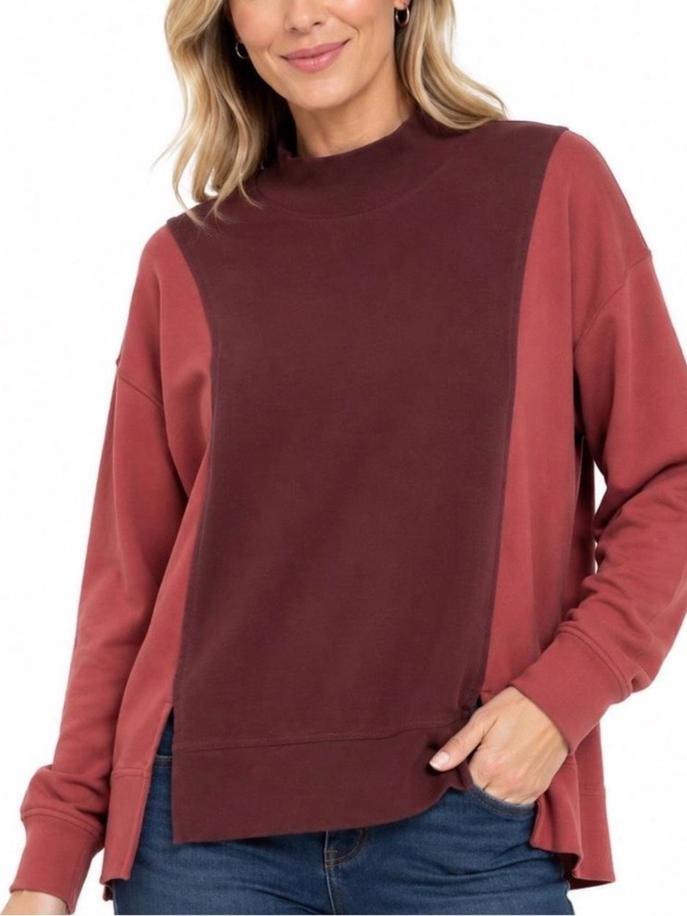 athleta colorblock mock neck pullover burgundy large
